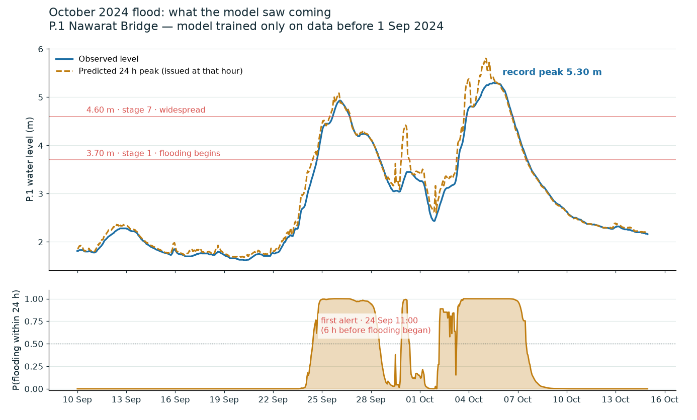 Observed P.1 level vs the model's 24 h-ahead predicted peak through the
October 2024 flood, with the warning probability below